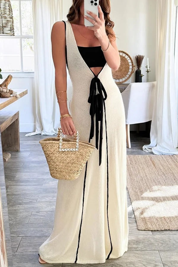 Boat Date Knit Contrast Self Tie Flowy Oversized Maxi Dress