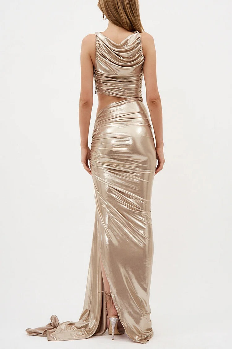 Metallic Sleeveless Cut Out Ruched Zipper Asymmetric Party Gown Maxi Dresses-Champagne