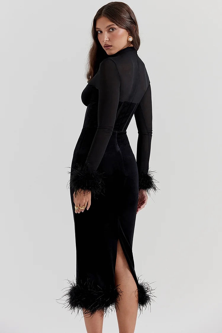 Mesh Patchwork Long Sleeve Feather Cuff Bodycon Cocktail Party Velvet Midi Dresses