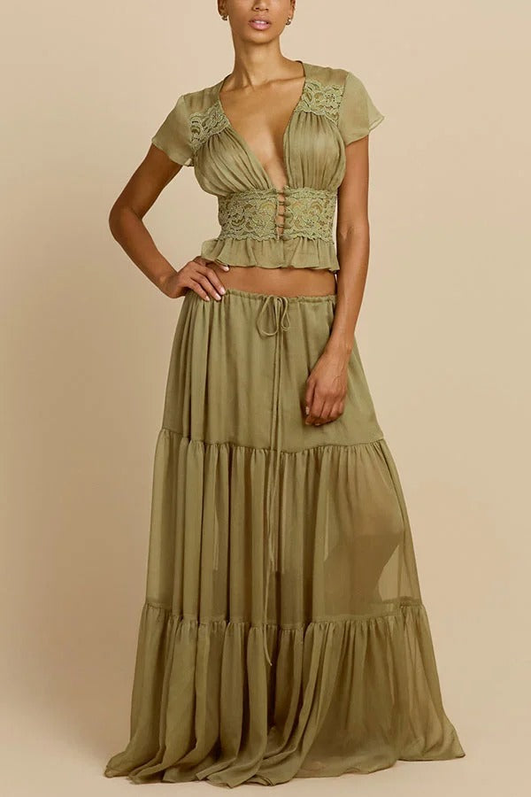 Sabrina Chiffon Mid Rise Adjustable Waist Tiered Silhouette Maxi Skirt