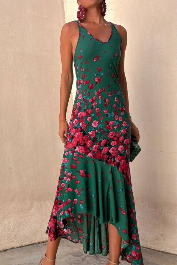 Falling Flowers Printed Back Lace-up Fishtail Stretch Maxi Dress