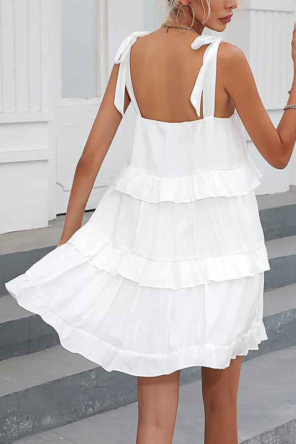 Ruffled Halter Solid Color Tie Square Neck Layered Cake Dress