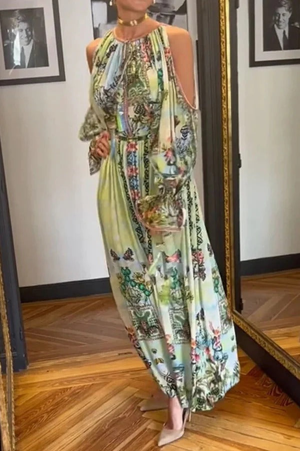 Like Poetry Like Scenery Unique Print Slit Lantern Sleeve Tassle Maxi Dress