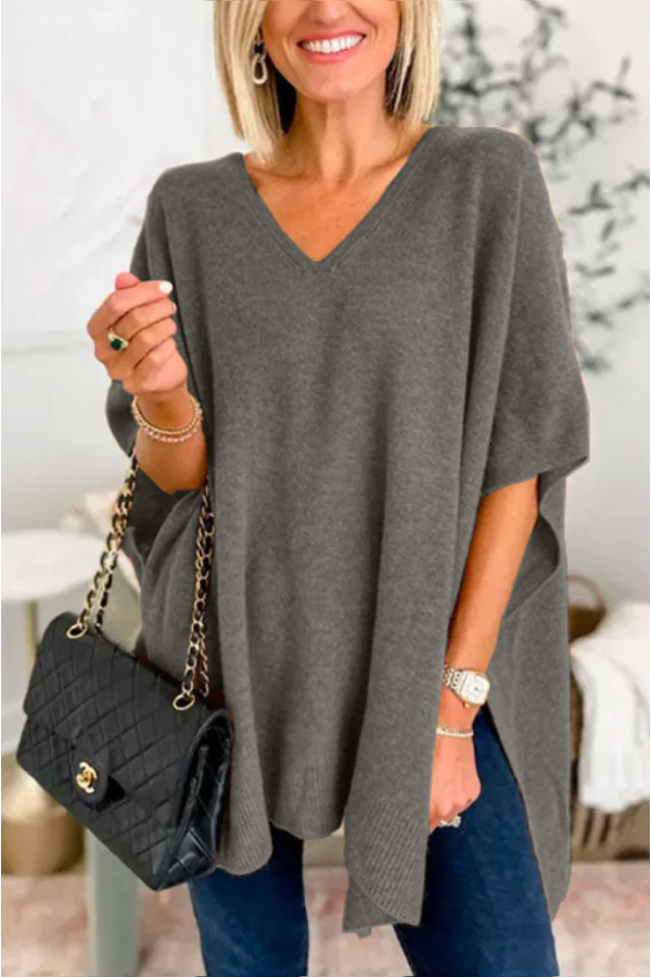 V Neck Loose Fit Solid Poncho Sweater