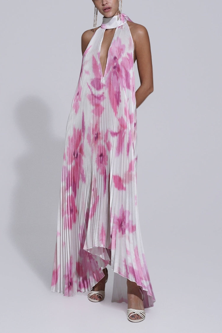 Opera Pleated Colorblock Camouflage Print Cutout Halter A-line Maxi Dress