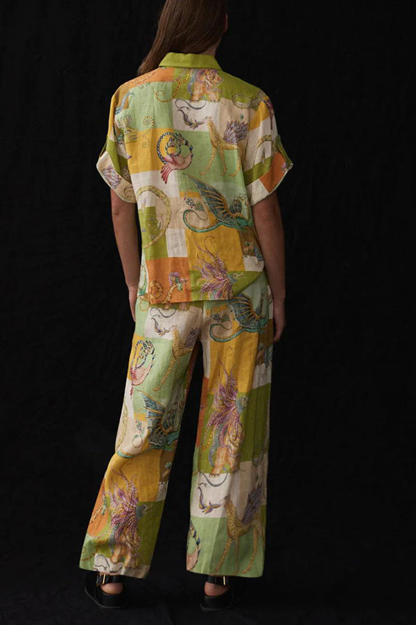 Dragon Family Linen Blend Printed Elastic Waist Pocketed Wide Leg Pants