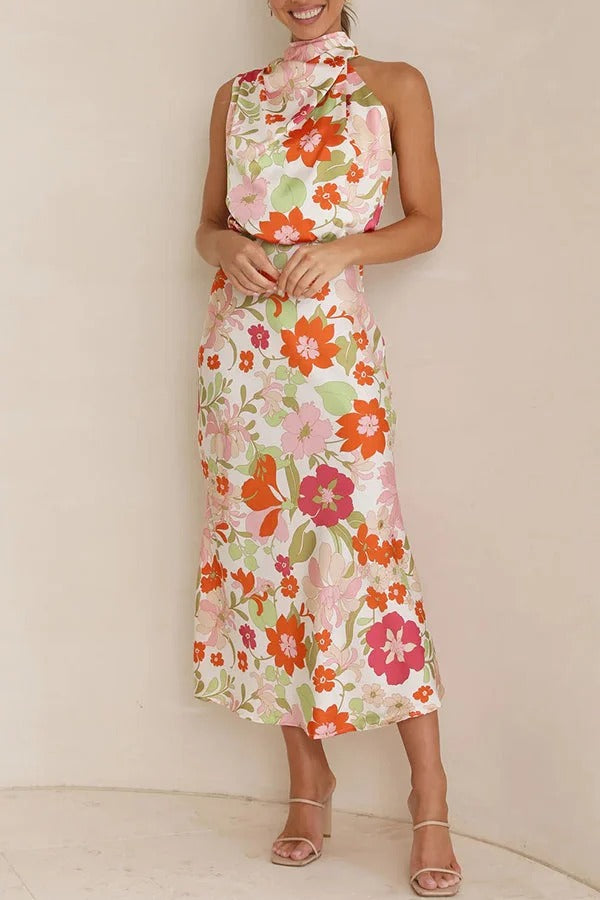 Fascinating Day Floral Halter Neck Elastic Waist Maxi Dress