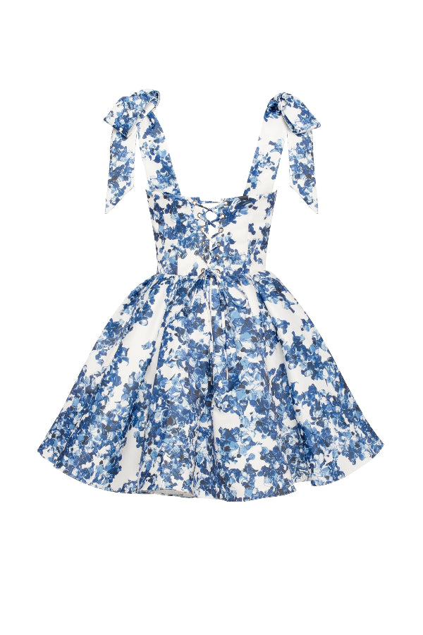 Garden of Eden Floral Print Bow Straps Princess Flared Mini Dress