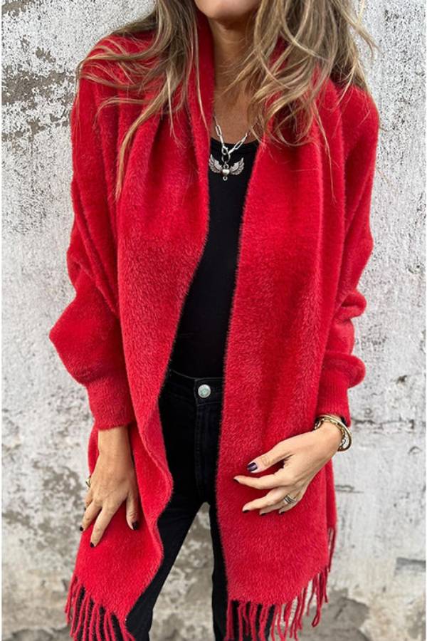 Warm Corner Knit Plush Tassel Trim Relaxed Shawl Cardigan