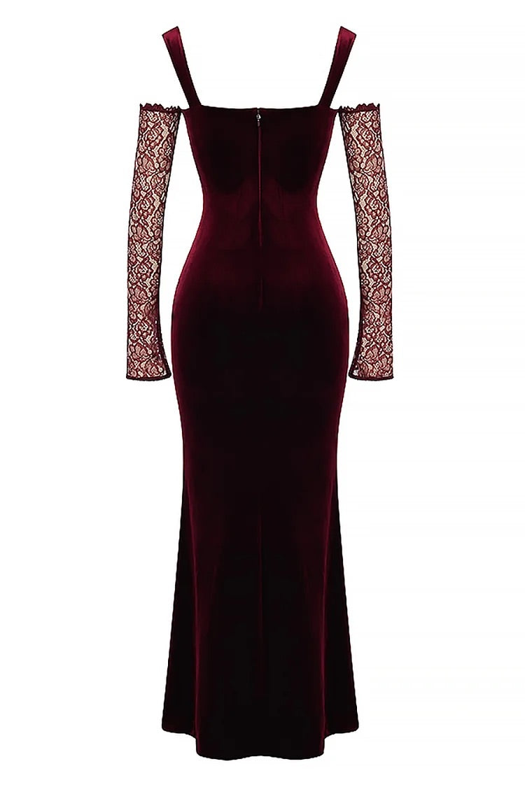 Cold Shoulder Lace Sleeve Bodycon Velvet Formal Party Maxi Dresses