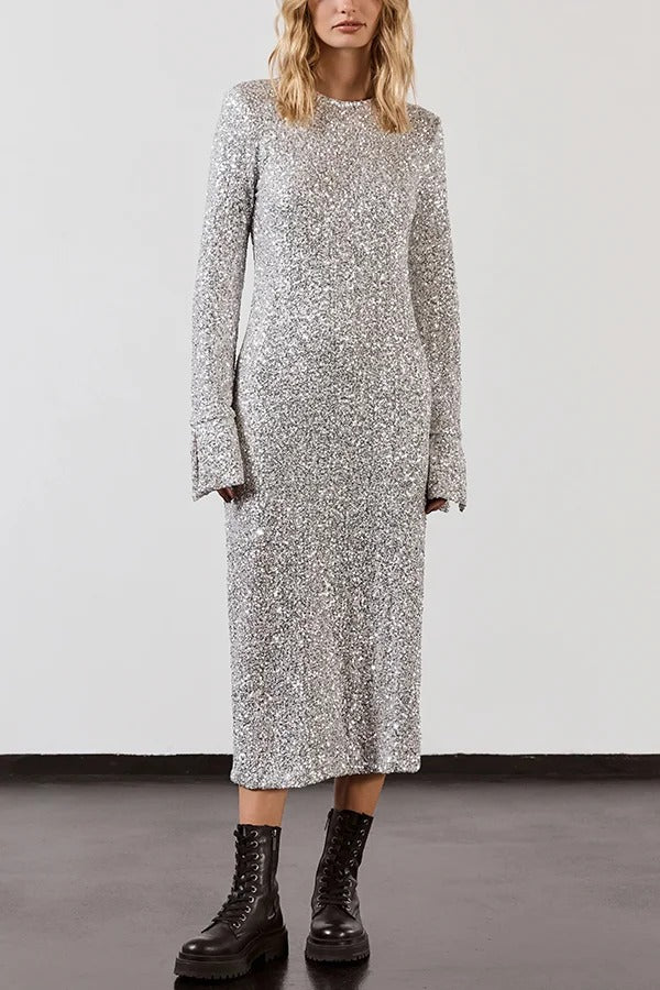 Ignite Sparkly Nights Sequin Extra Long Sleeve Open Back Loose Midi Dress