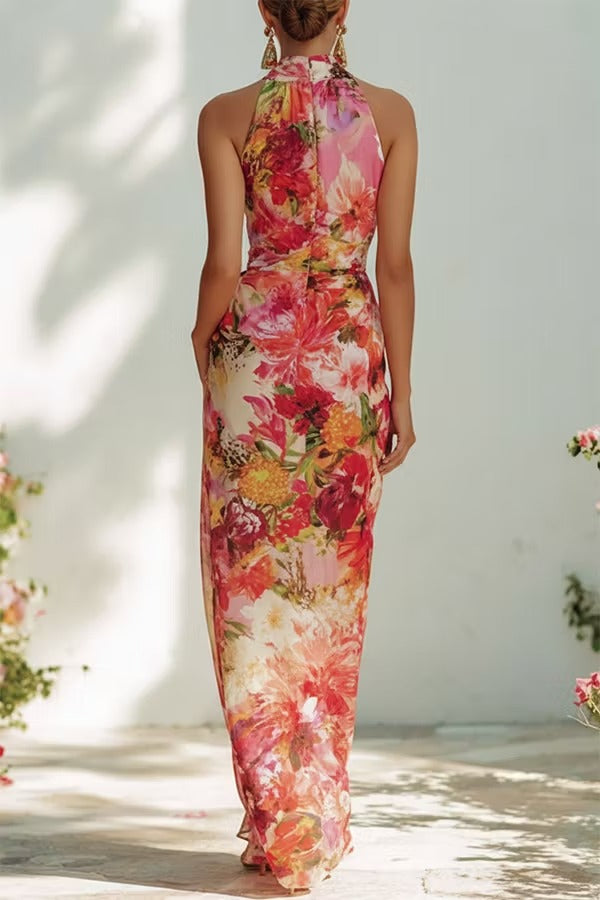 Garden Glamour Chiffon Floral Print High Neck Sleeveless Slit Maxi Dress