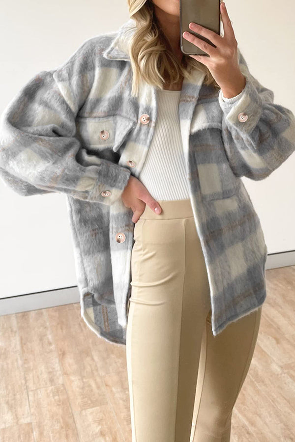 Trendy Plaid Large Pocket Single Breasted Long Sleeve Coat