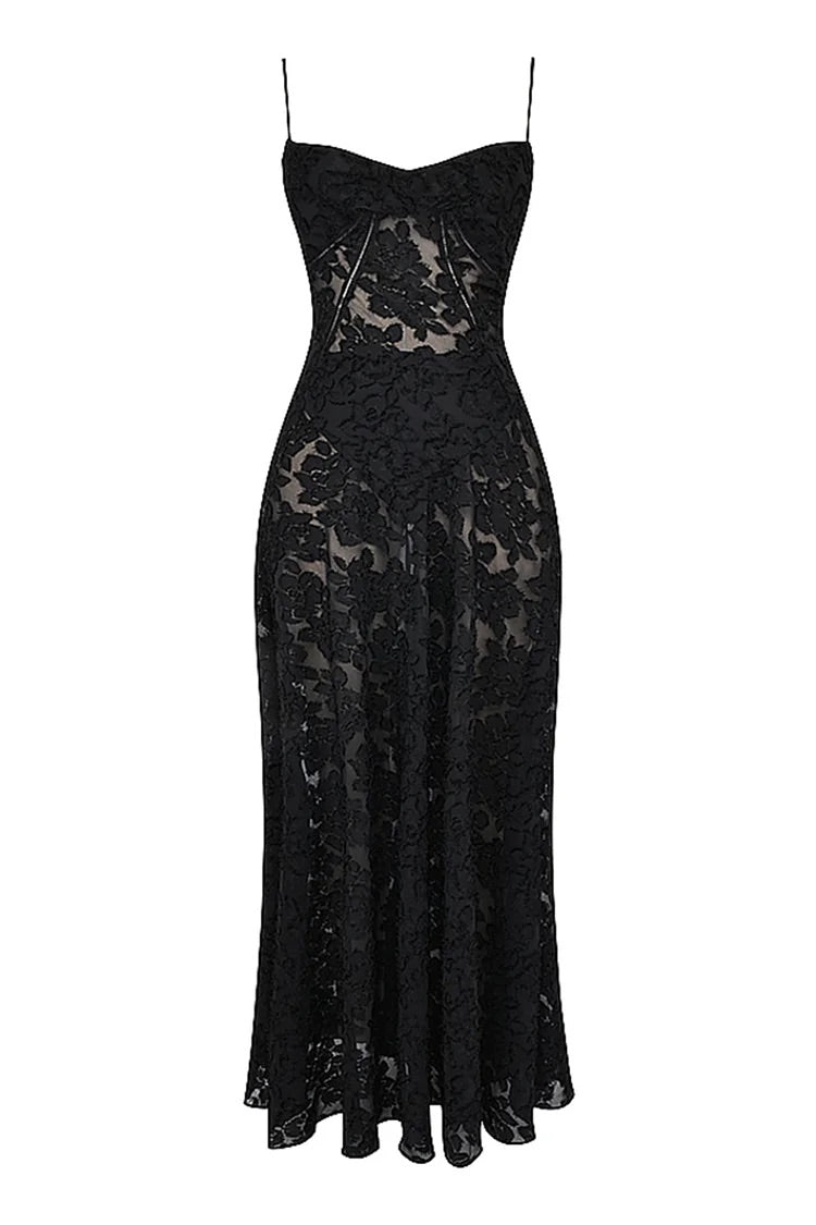 Floral Jacquard Lace Gothic Party Flowy Slip Maxi Dresses