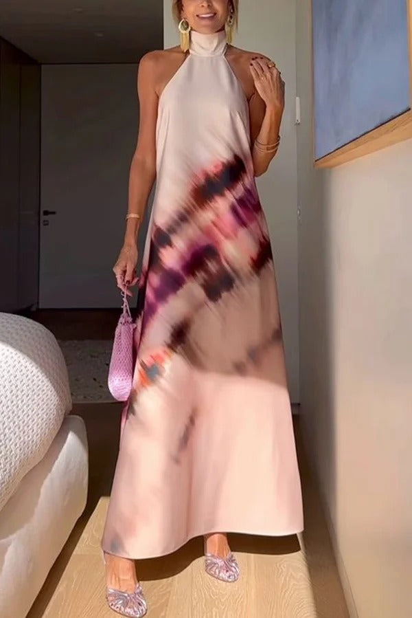 Unique Printed Halterneck Lace Up Backless Maxi Dress