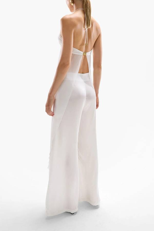 Lily Metal Flower Front Slit Halter Midi Top and V-waist Wide Leg Pants Set