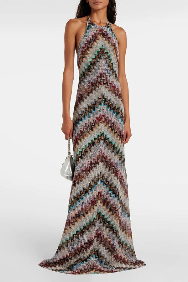 Jodie Knit Colorful Herringbone Print Halter Open Back Maxi Dress