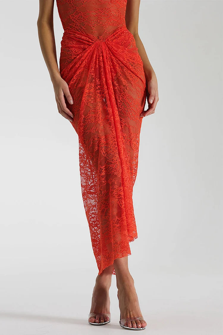 See Through Lace Ruched Knot Strapless Maxi Dresses