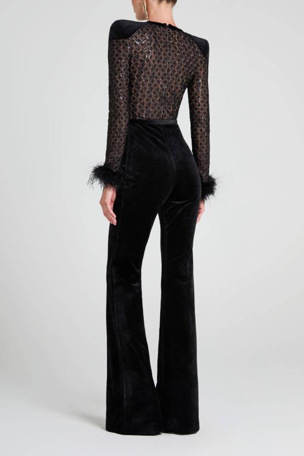 Monique Fish Scale Lace Sequin Velvet Patchwork Feather Trim Stretch Flare Jumpsuit