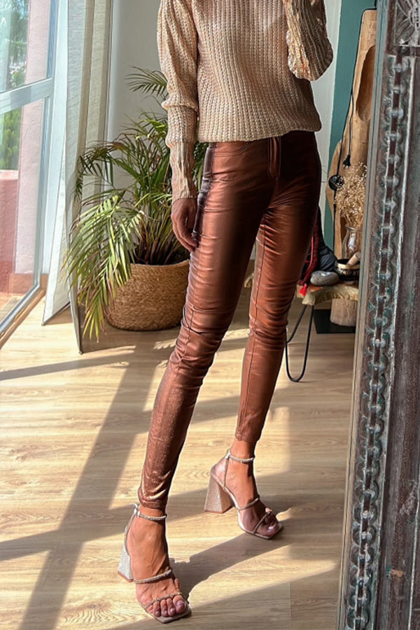 Sweet and Glitzy Metallic Color Pocket Faux Leather Stretch Pants