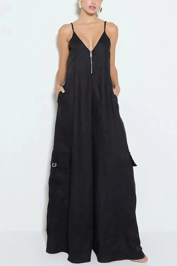 Zola Center Front Zipper Pocketed Wide Leg Loose Cargo Slip Jumpsuit