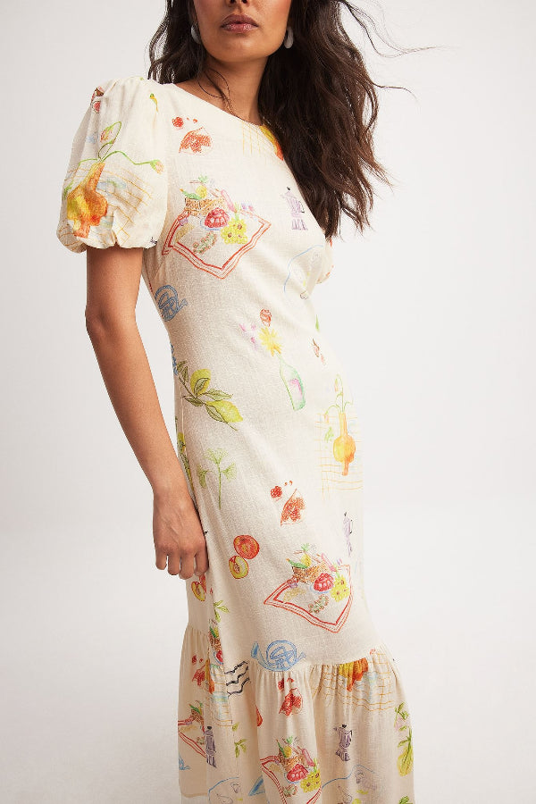 Napa Linen Blend Unique Print Puff Sleeve Elastic Waist Backless Midi Dress