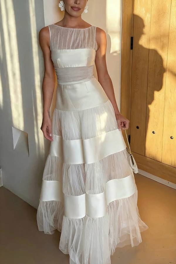 Darling You Pleated Tulle Satin Patchwork Boat Neck Sleeveless Formal Maxi Dress