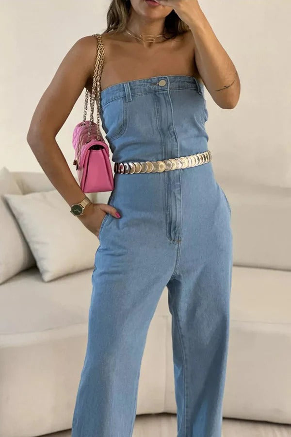 Isabela Denim Off Shoulder Front Zipper Pocketed Wide Leg Jumpsuit