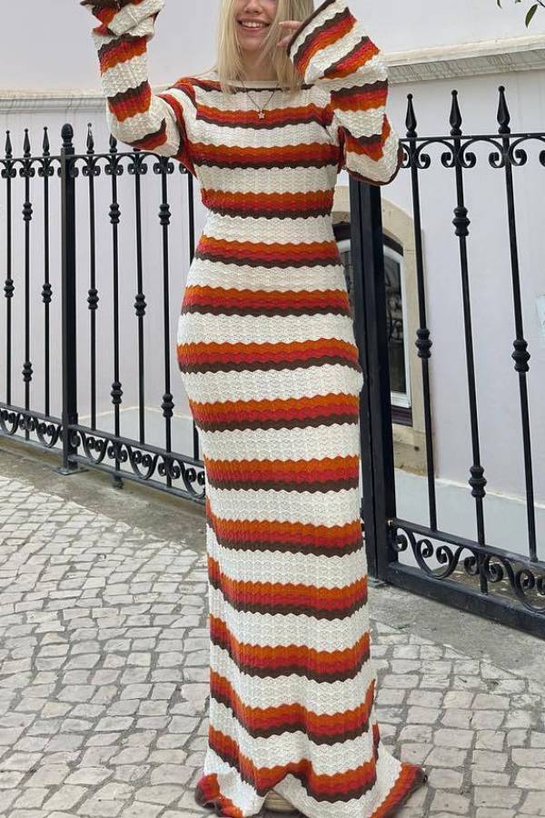 Womens Long Sleeve Crewneck Backless Striped Bodycon Sweater Dress Ribbed Knit Maxi Long Dresses