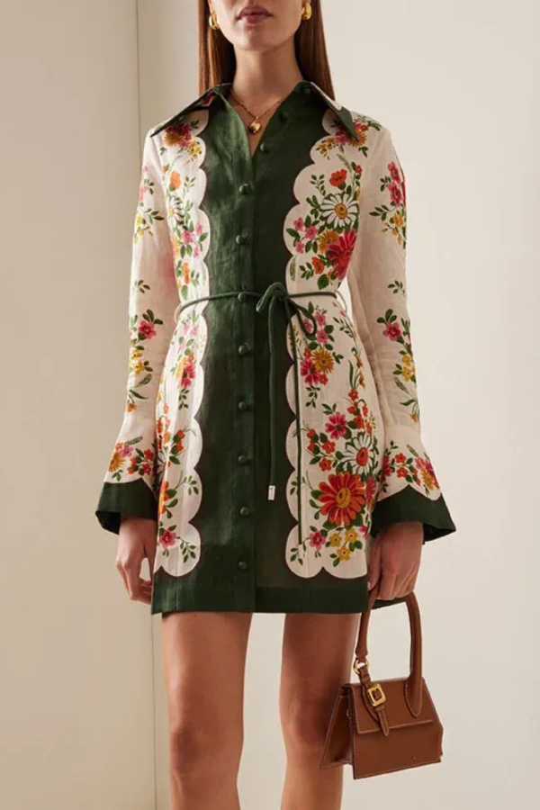 Botanical Floral Print Tie-waist Long-sleeved Single-breasted Mini Dress