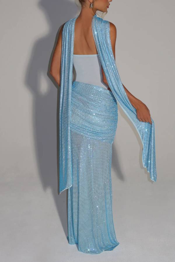 Kailani Sequin Strapless Mesh Cutout Waist Ruched Scarf Maxi Dress
