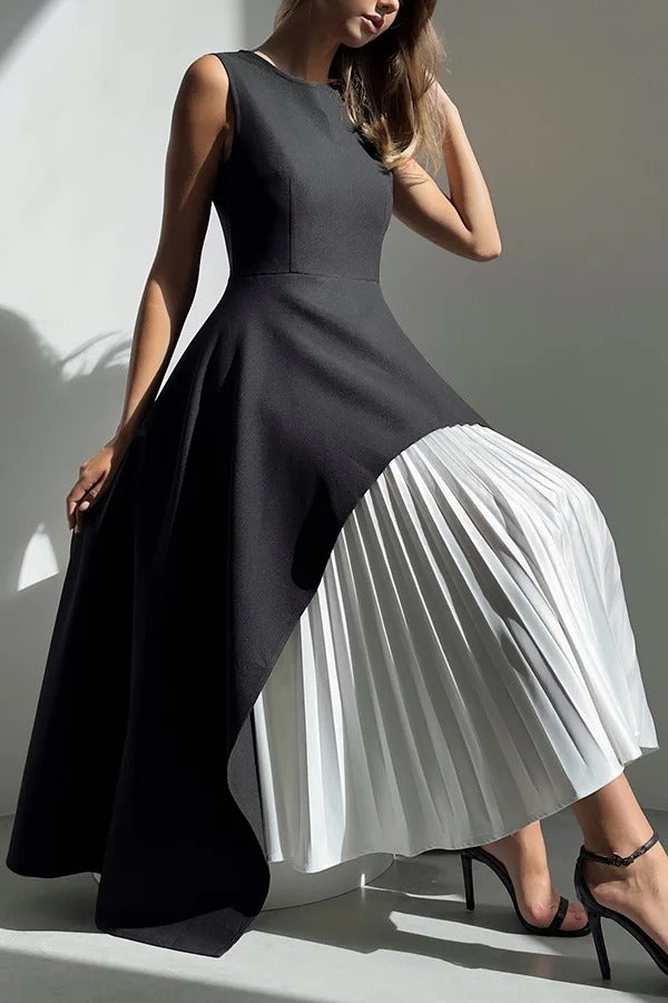 Calm and Elegant Pleated Patchwork Irregular Hem A-line Midi Dress