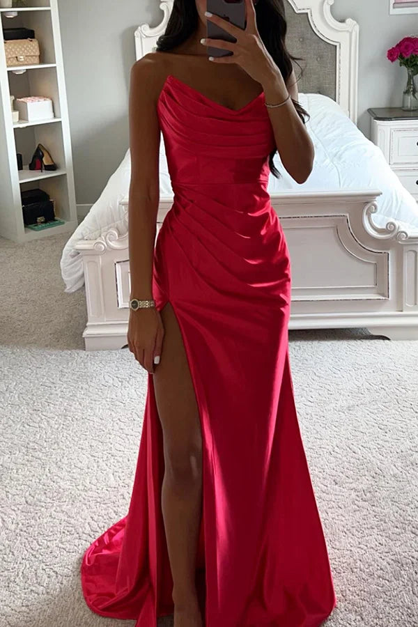 Lustrous Satin Off Shoulder Pleated Slit Evening Maxi Dress