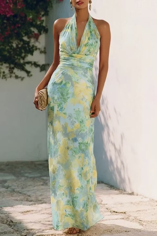 Lauria Chiffon Floral Print Ruched Waist Halter Tie-up Neck Backless Maxi Dress