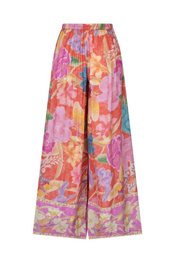 Painter's Garden Boho Floral Print Elastic Waist Pocketed Wide Leg Pants