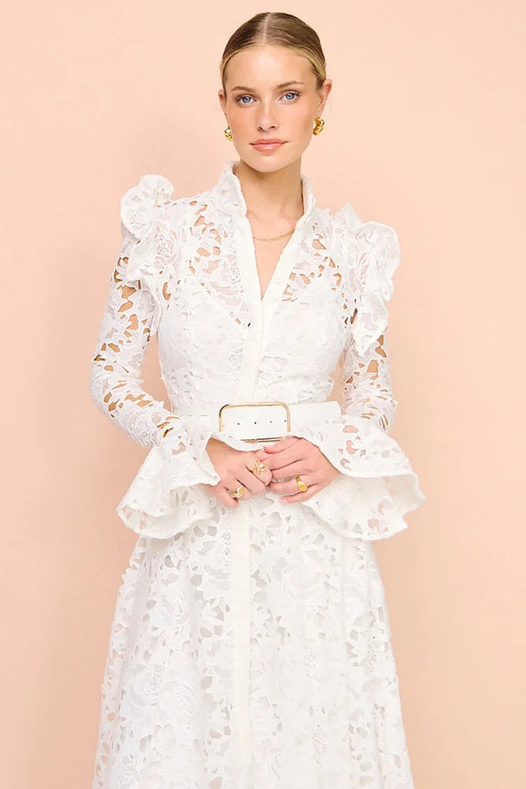 Lace Ruffled Trim Long Sleeve A-Line Midi Dresses-White