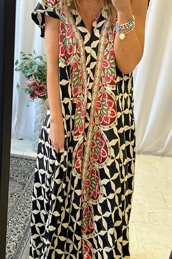 Stroll The Avenues Boho Printed Pocket A-line Maxi Dress