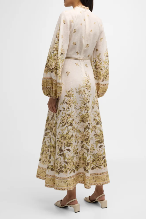 Golden Floral Long Sleeve Buttoned Linen Dress