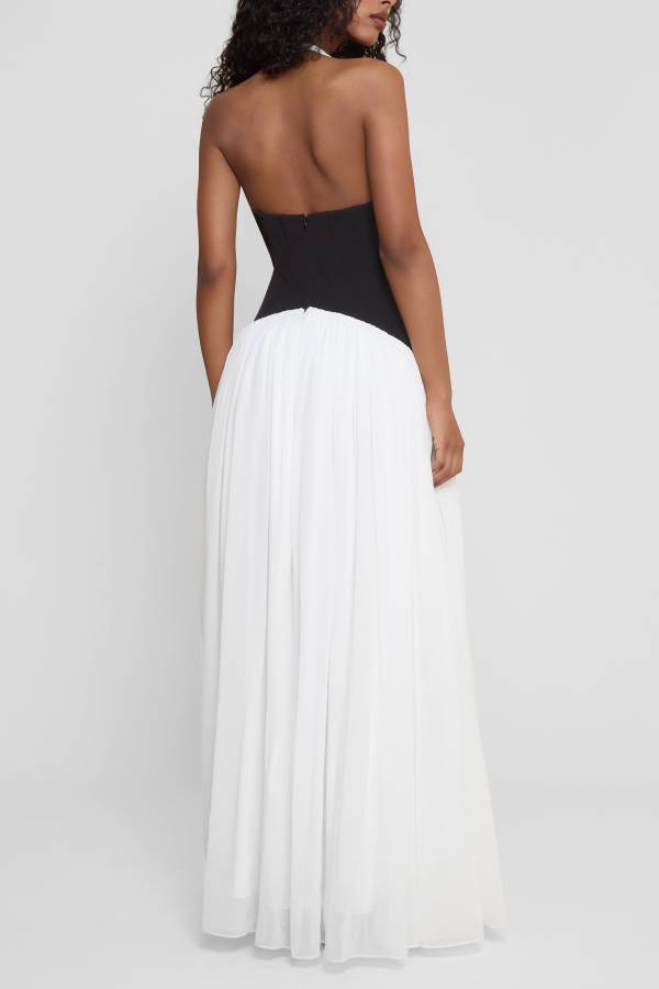 Fashionable Color Matching Sexy Halter Neck Waist Maxi Dress