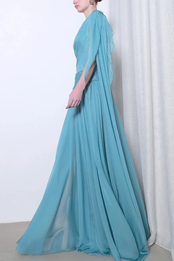 Solana Draped Sheer Cape Top and High Waist Pleated Slit Maxi Skirt Set