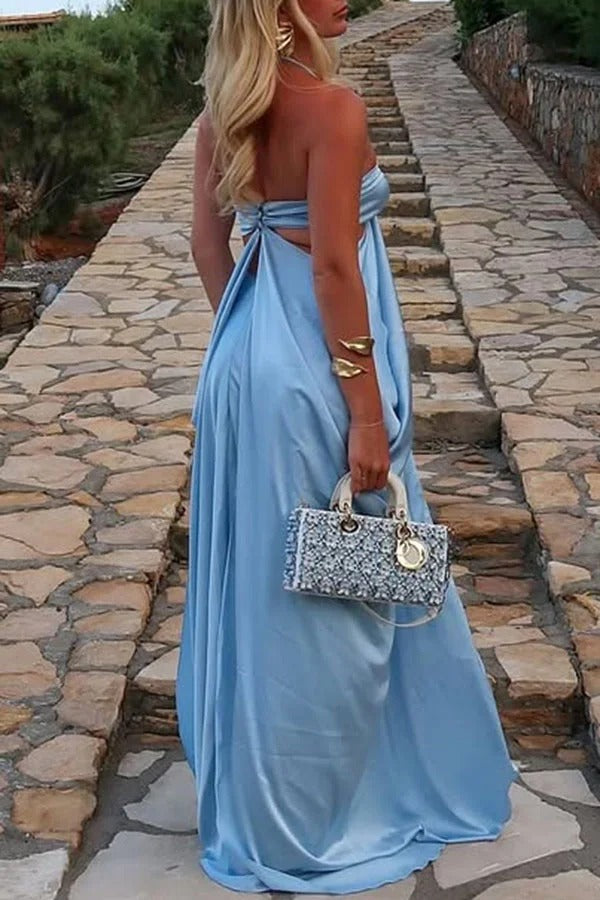 Cinderella Dream Satin Stone Ring Detail Cutout Halter Drape Maxi Dress