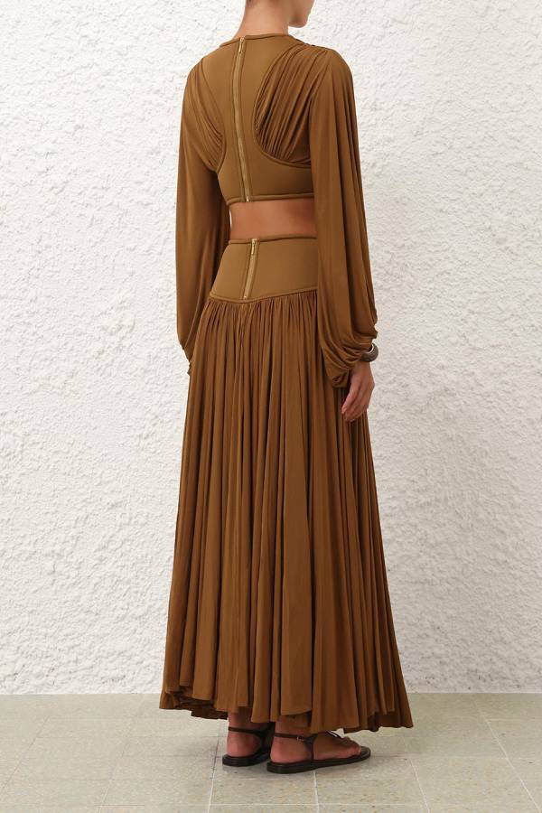 Dramatic Queen Gathered Batwing Sleeve Crop Top and Elastic Waist Slit Maxi Skirt Set