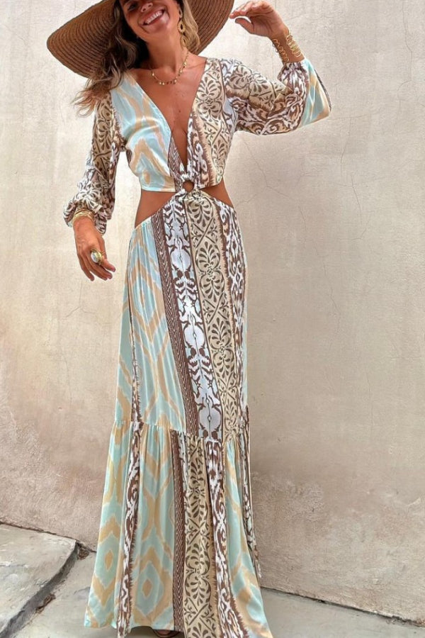 Sefora Unique Color Block Print Long Sleeve Ring Cutout Back Tie-Up Maxi Dress