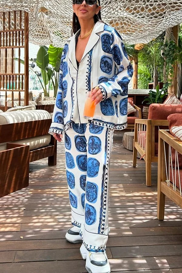 Love The Deep Sea Unique Print Long Sleeve Loose Shirt and Elastic Waist Pants Set