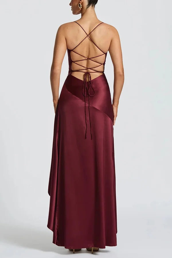 Solid Color Sexy Backless Lace-up Irregular Ruffled Maxi Dress