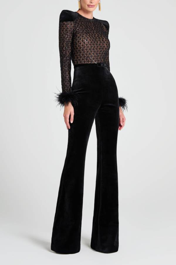 Monique Fish Scale Lace Sequin Velvet Patchwork Feather Trim Stretch Flare Jumpsuit