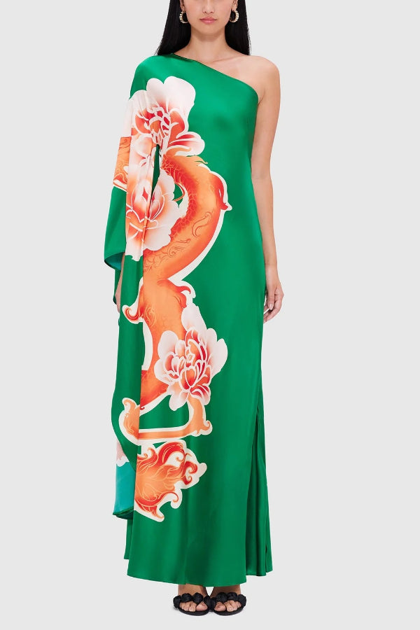 Elegance and Grace Satin Dragon Print One Shoulder Drape Sleeve Maxi Dress