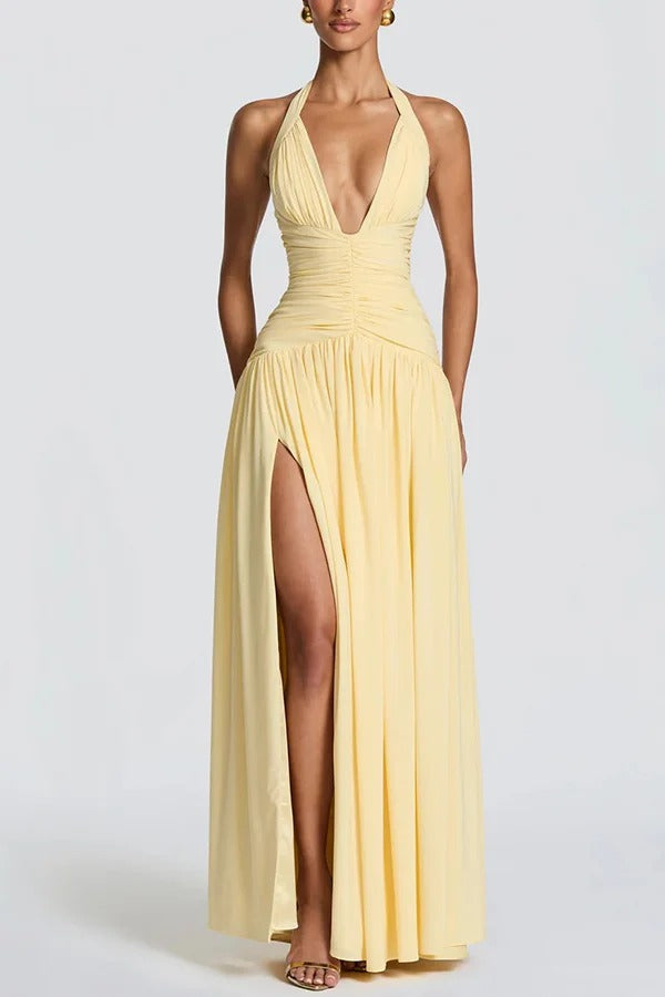 Amaris Halter Tie-up V-neck Ruched Detail Back Lace-up Slit Drape Maxi Dress