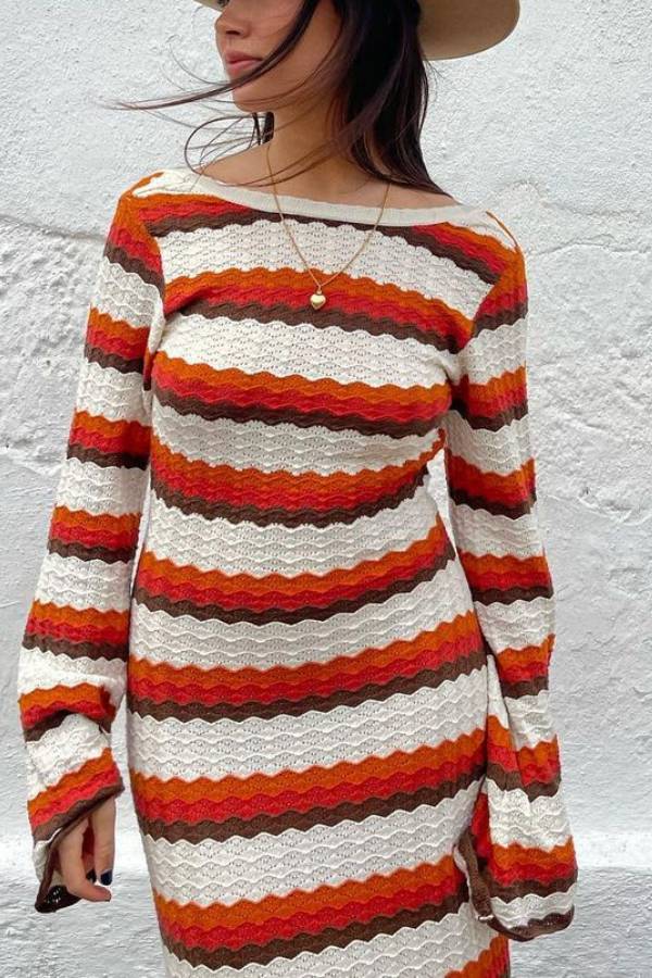 Womens Long Sleeve Crewneck Backless Striped Bodycon Sweater Dress Ribbed Knit Maxi Long Dresses