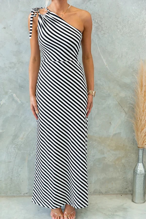 Stylish Striped Print One Shoulder Slope-neck Maxi Dress